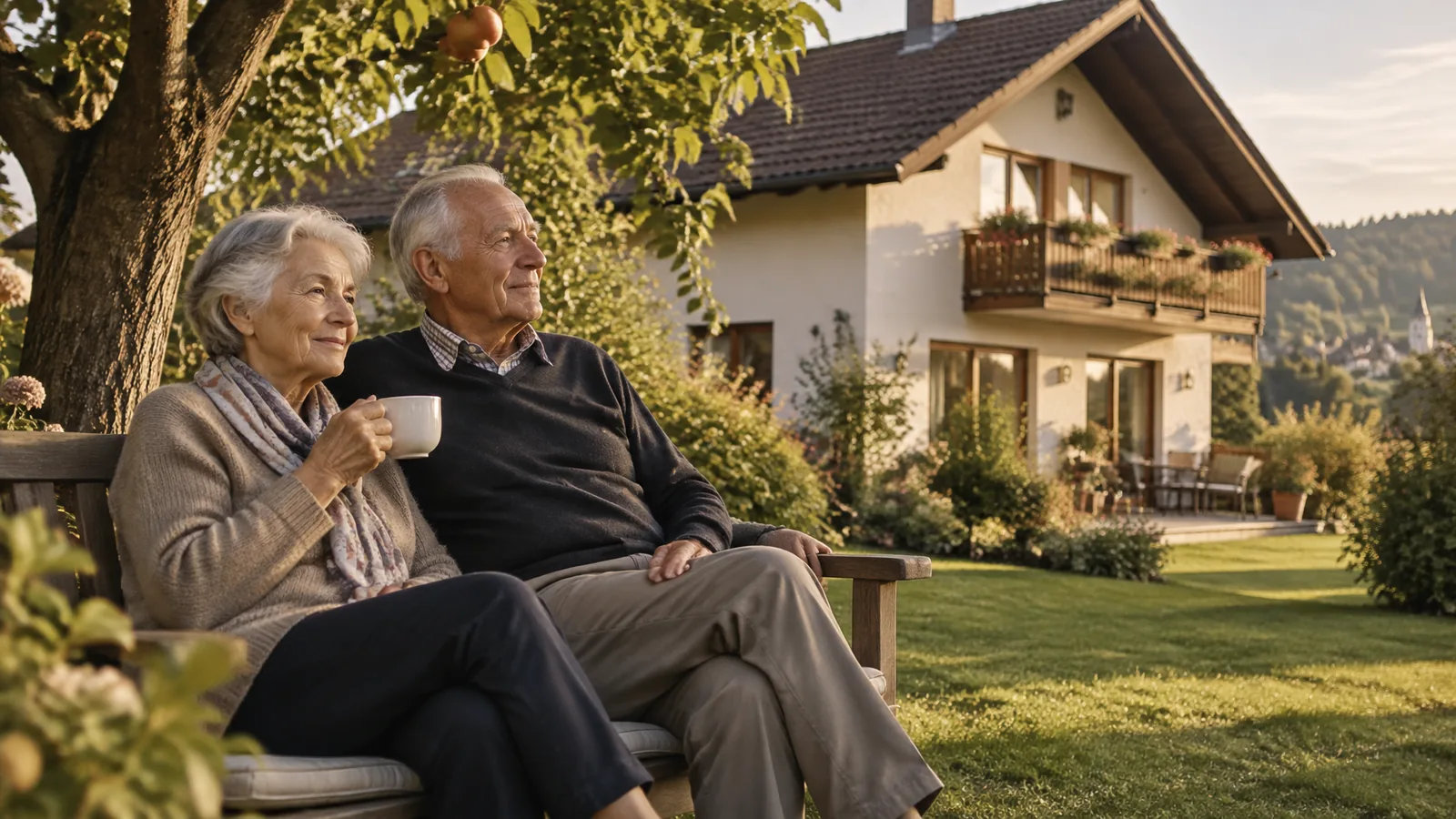 Ein älteres Ehepaar sitzt auf einer Holzbank im Garten vor seinem Einfamilienhaus in Bayerisch-Schwaben und genießt den Nachmittag.