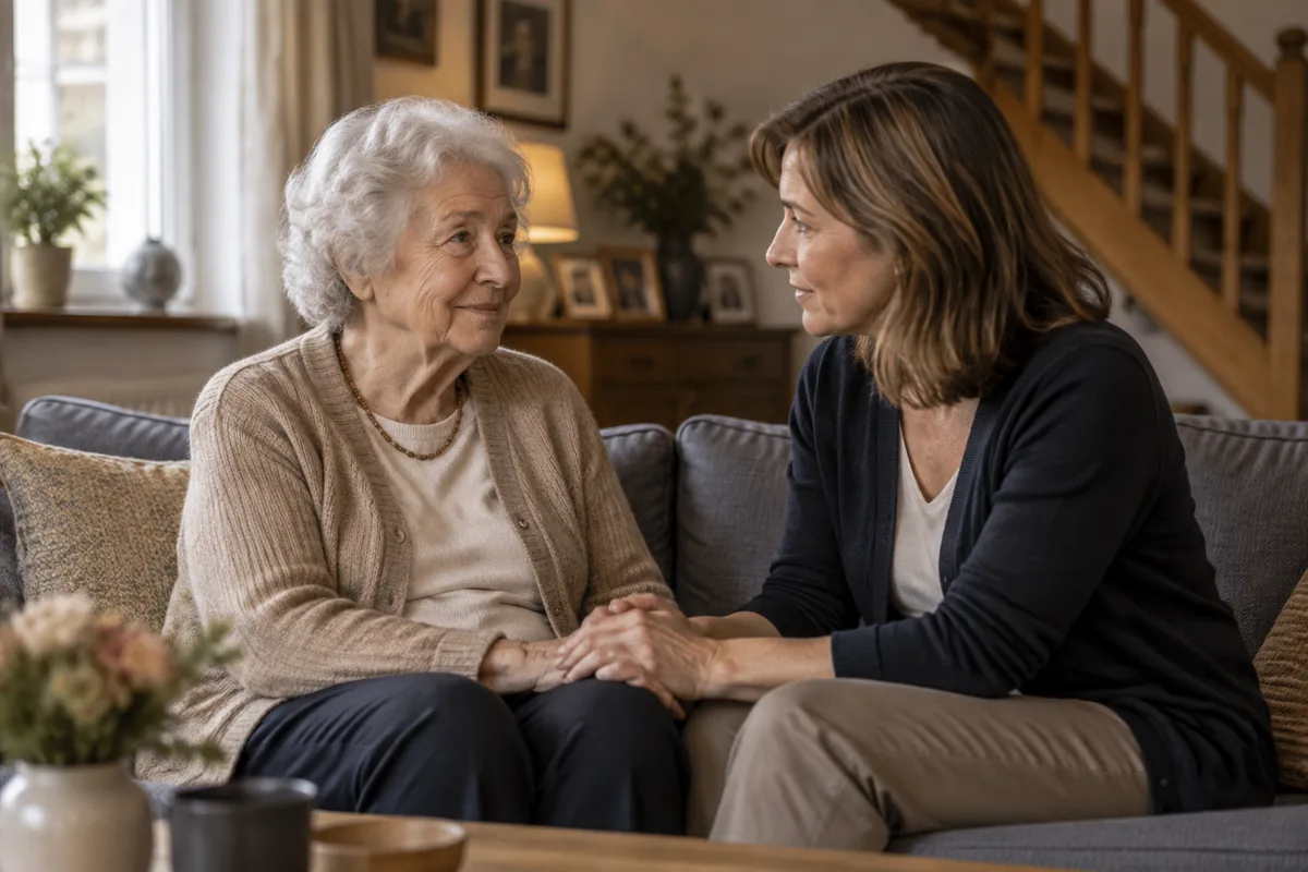 Eine hochbetagte Mutter und ihre erwachsene Tochter sitzen im Wohnzimmer des Elternhauses auf dem Sofa, halten sich an den Händen und sprechen über die Zukunft.